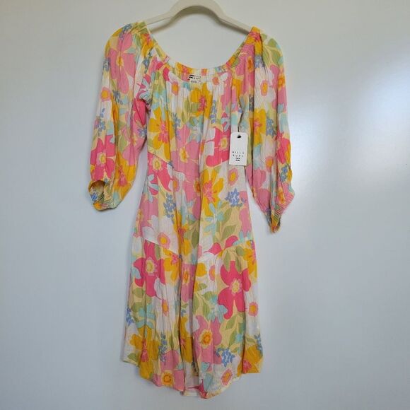 NEW BILLABONG BOHO FLORAL GIRLS SUMMER BEACH DRESS L LARGE NWT CORAL PINK YELLOW